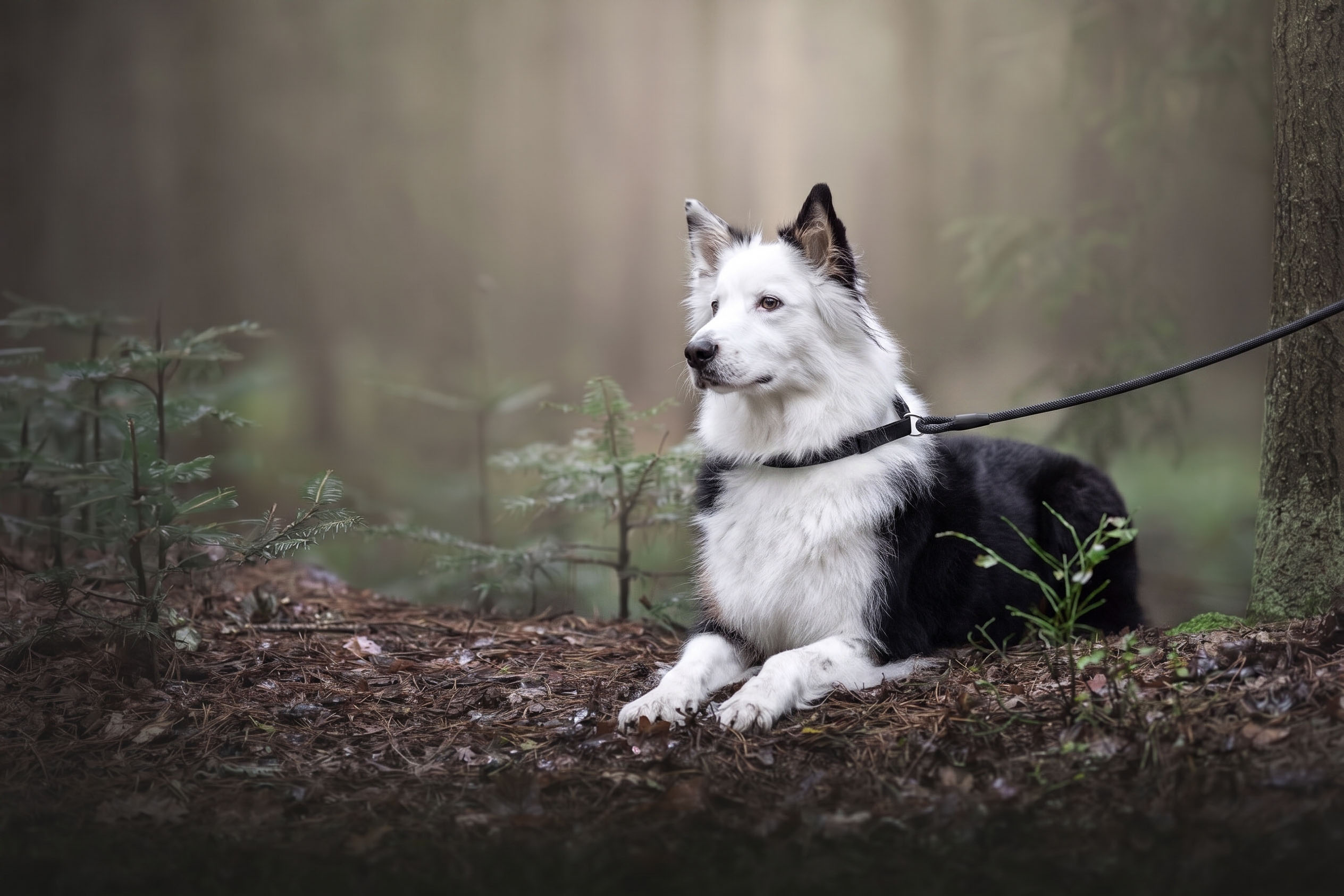 Hund liegt im Wald auf dem Boden der beim Fotoshooting nicht angeleint werden kann. Er hat eine Leine um, die Später am Computer entfernt wird.