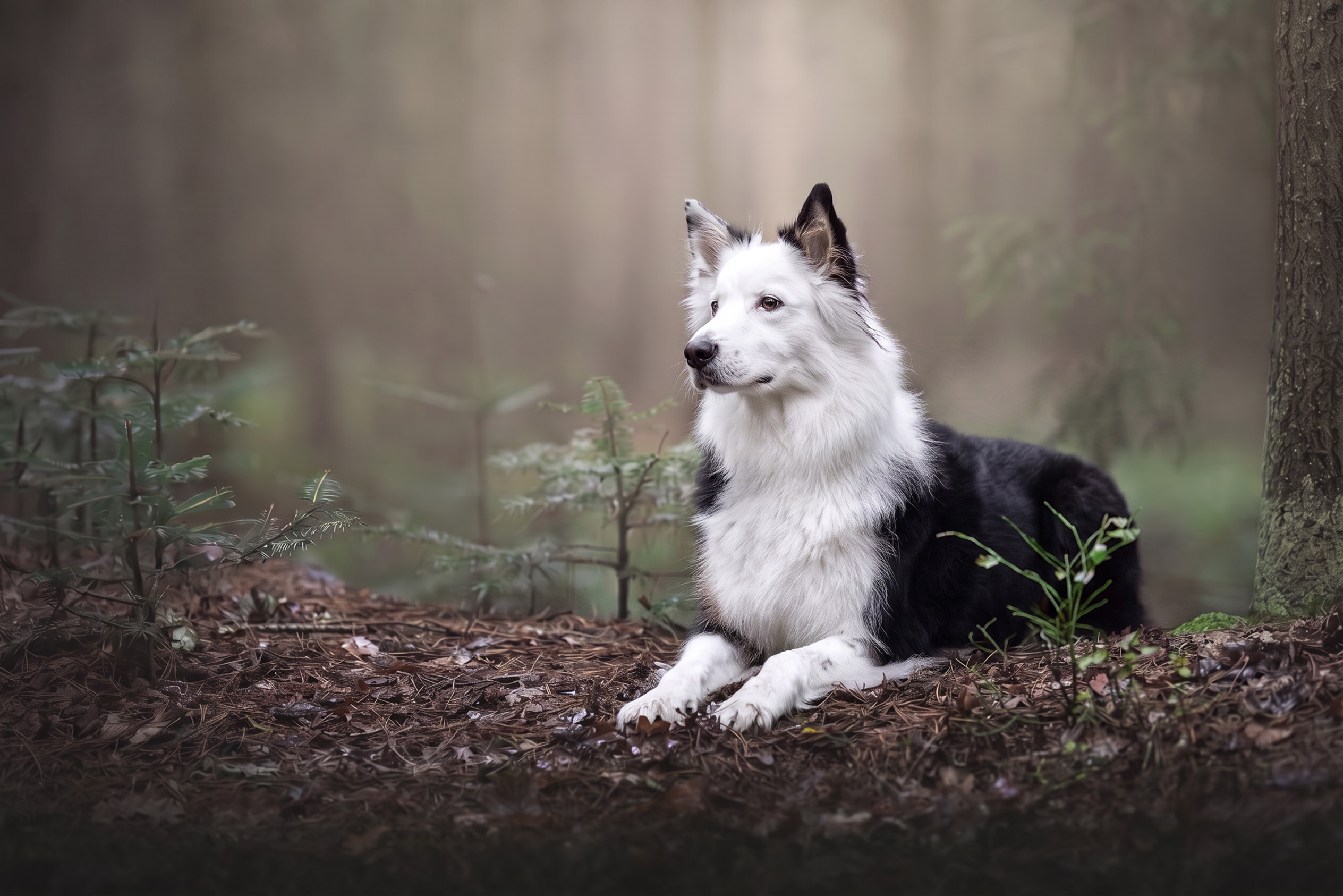 Hund ohne Leine Hund liegt im Wald auf dem Boden der beim Fotoshooting nicht angeleint werden kann. Er hatte eine Leine um, die aber am Computer entfernt wurde